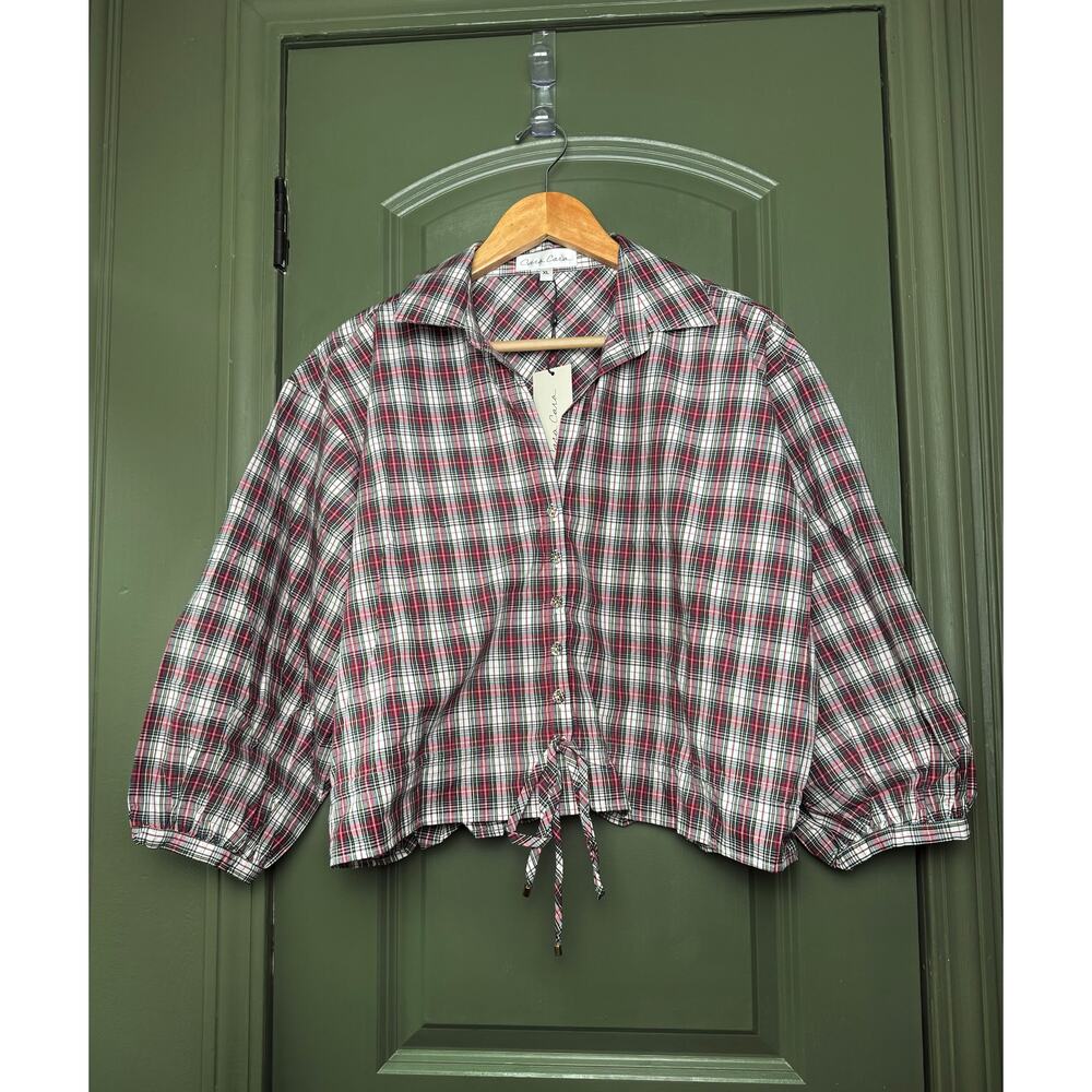 NWT Cara Cara Tartan Plaid Turtledove Hutton Tartan Cropped Top Red White XL - Picture 2 of 6